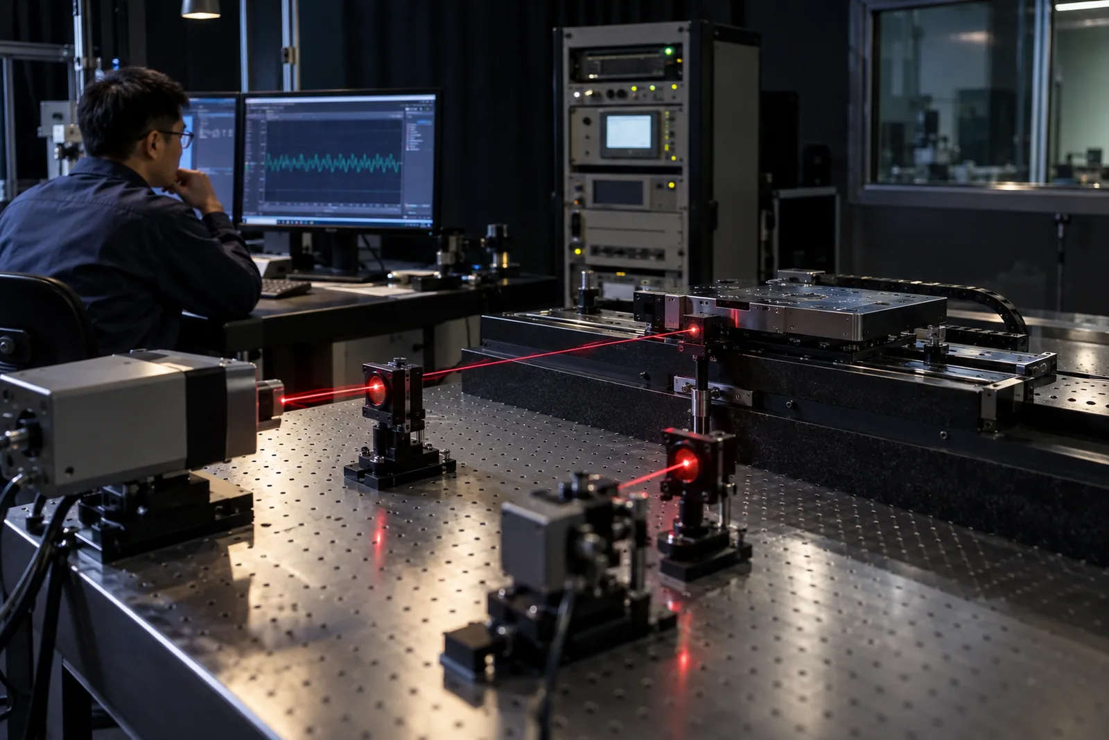 Metrology engineer mapping straightness and flatness of an air bearing stage with a laser interferometer while the encoder readhead signal is monitored on a screen