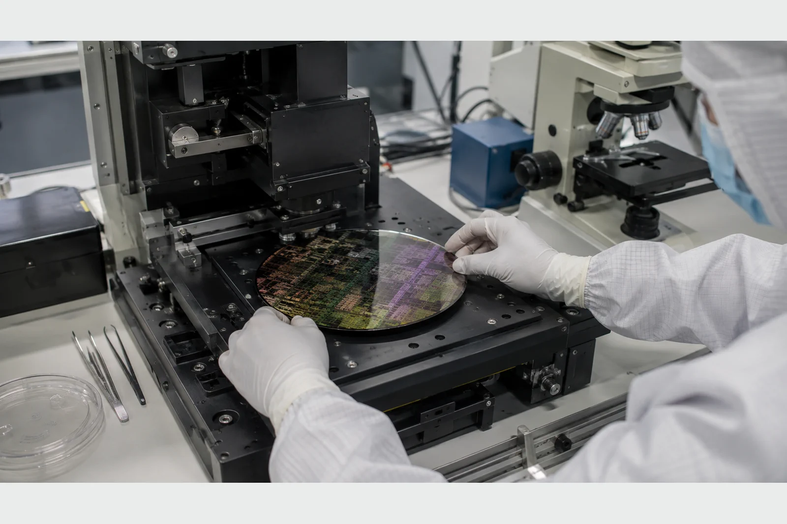 MEMS alignment marks and layered test structures being inspected on a maskless-lithography coupon