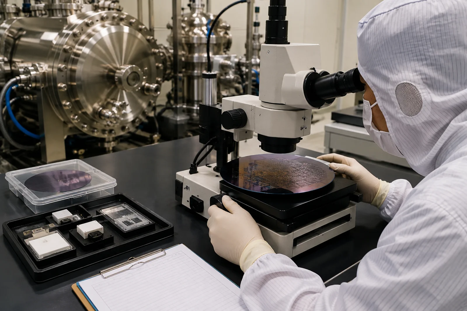 Nanofabrication engineer inspecting field-stitching and overlay marks on an EBL acceptance coupon