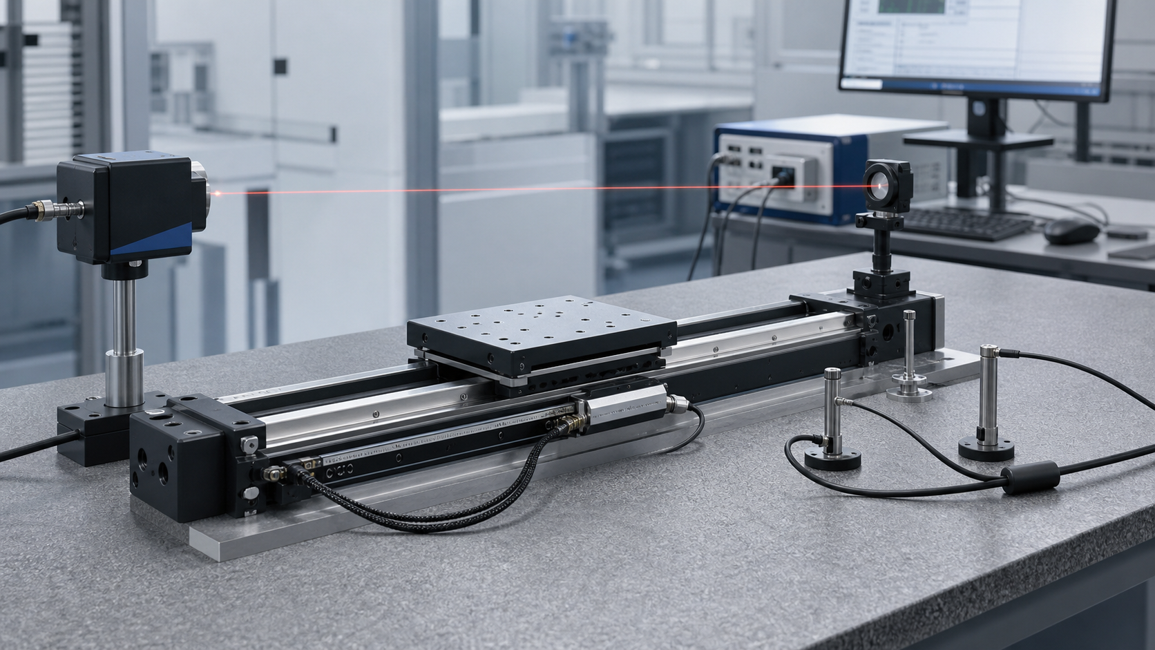 Precision linear stage and laser interferometer arranged for encoder interpolation error acceptance testing
