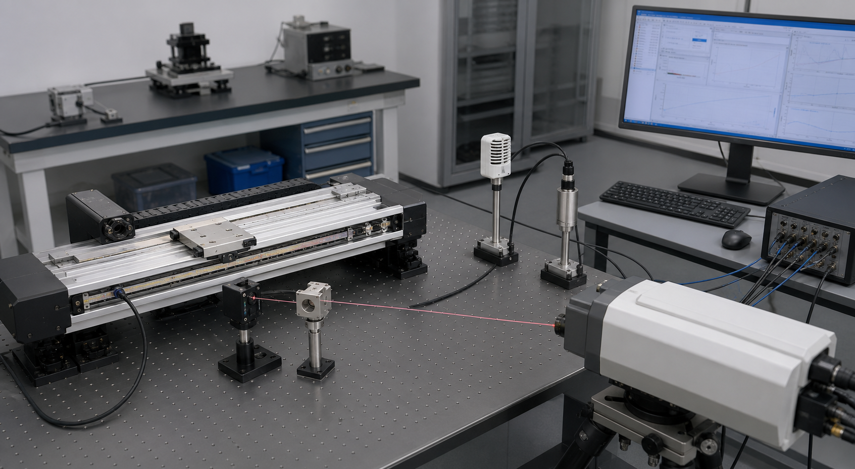 Encoder acceptance setup with a linear stage, interferometer reference, environmental sensors and data acquisition