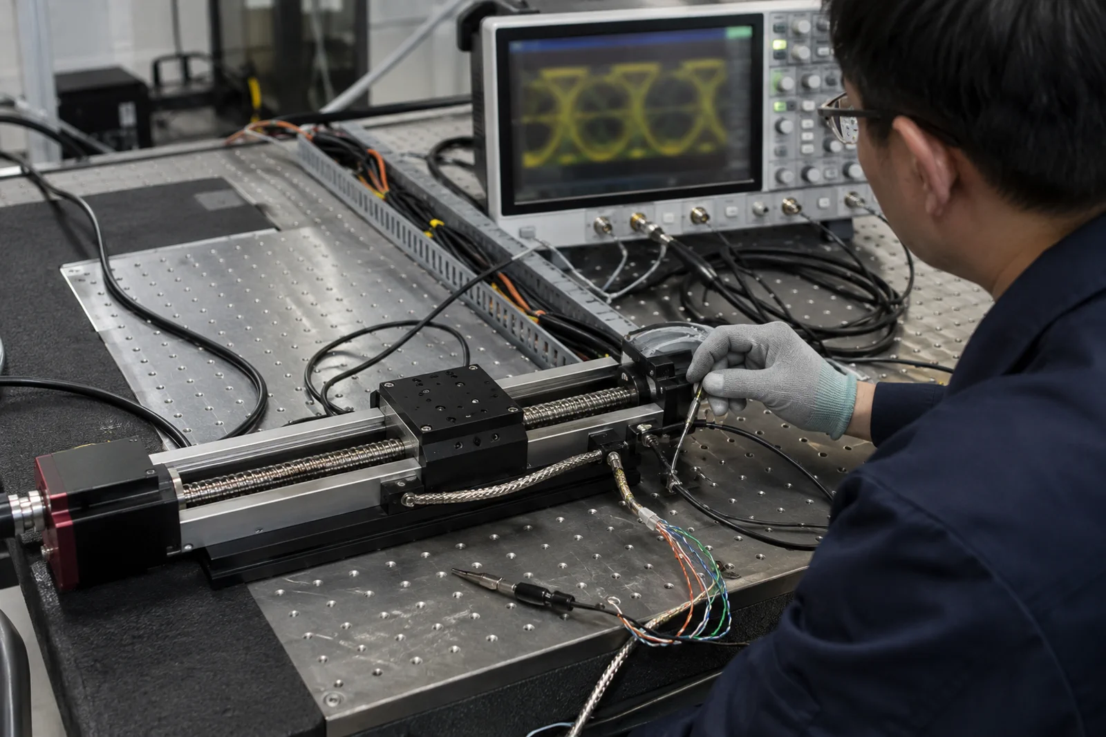 Shielded encoder cable and receiver wiring being checked at a precision motion control cabinet