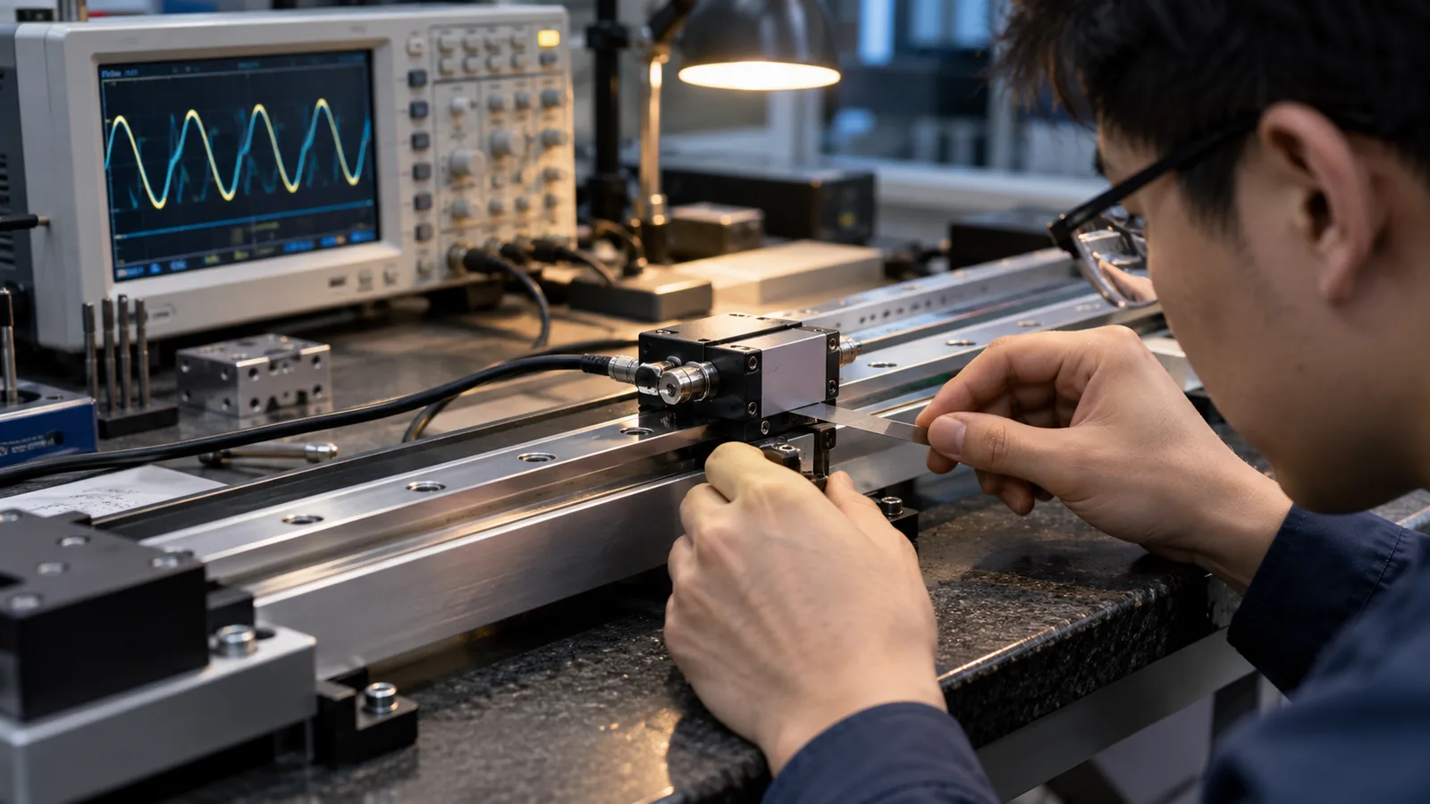 Metrology lab bench where an encoder readhead signal is captured on a high-resolution data acquisition system while a laser interferometer references the stage motion