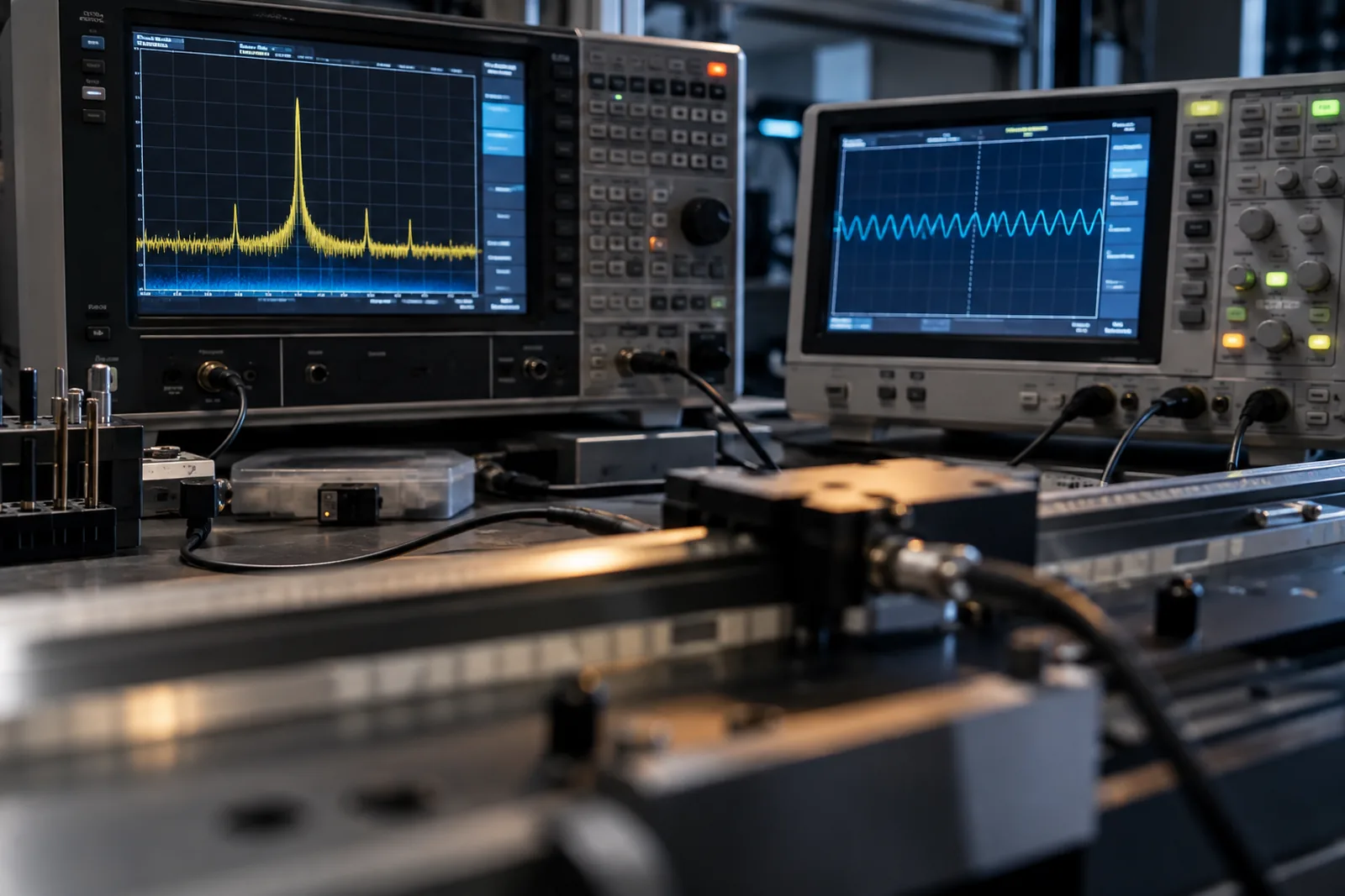 Analyzer screen showing a position error spectrum with a periodic peak locked to the encoder signal period standing above a broadband jitter floor