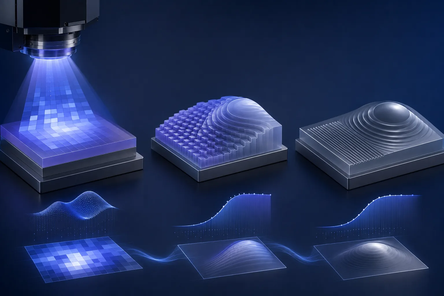 Conceptual sequence linking a grayscale light field, developed resist relief and measured micro-optical surface profile