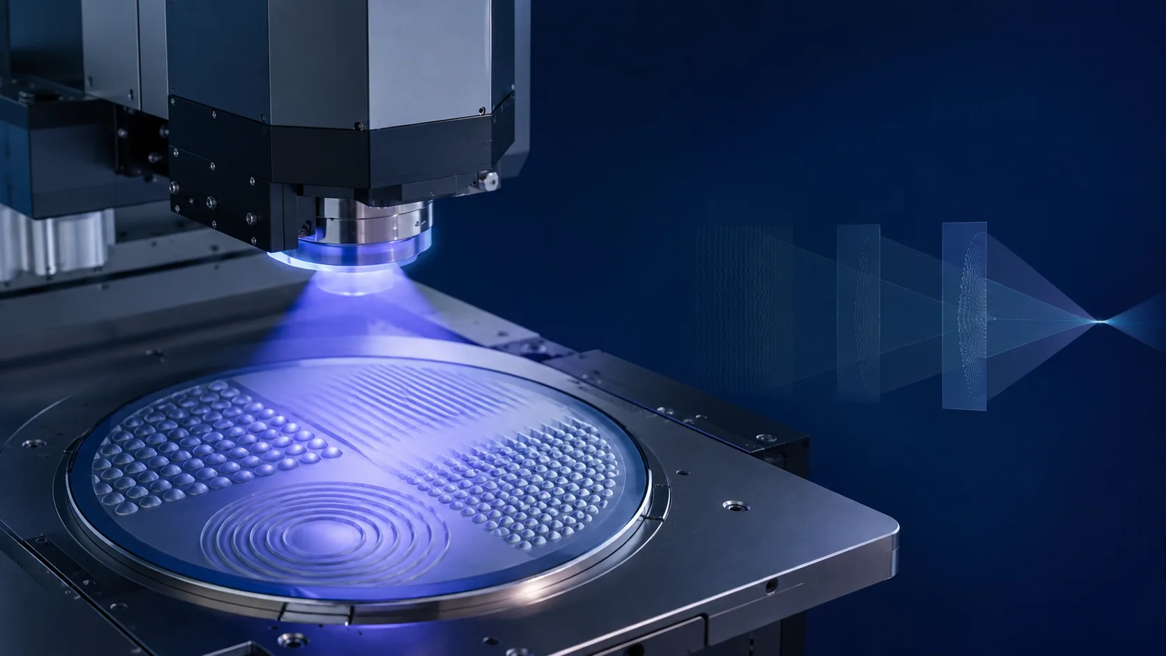 Conceptual DMD grayscale lithography workstation exposing micro-lens and diffractive relief patterns on a wafer
