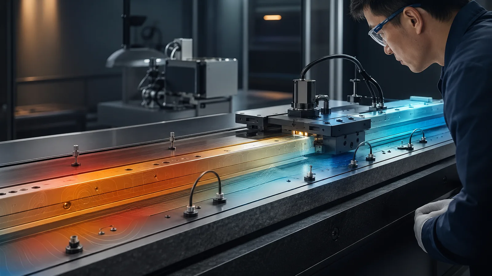 Precision motion engineer evaluating temperature sensors and a linear encoder scale on a semiconductor stage