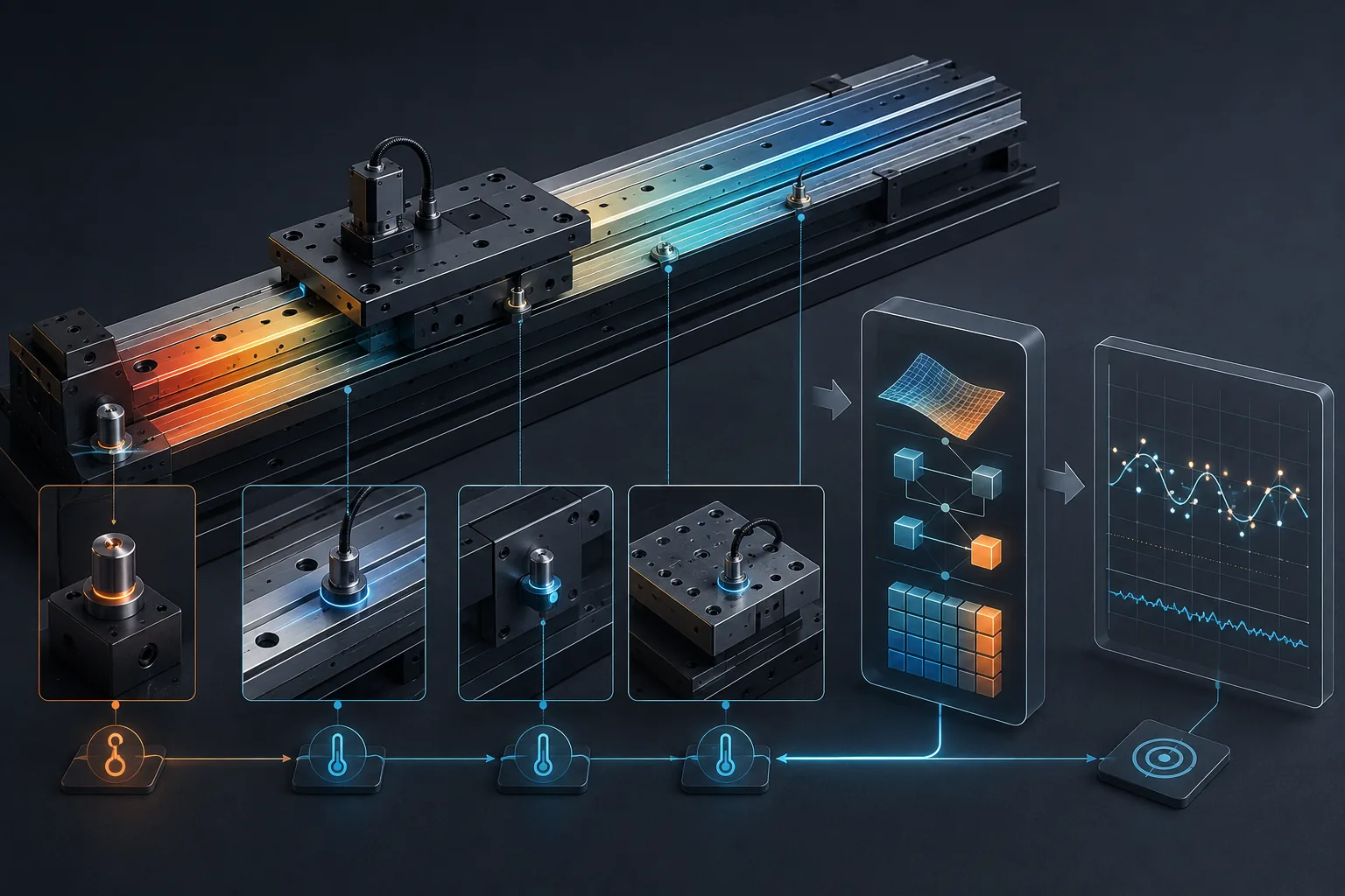 Conceptual workflow linking encoder scale thermal datum, temperature sensors, error model and stage validation