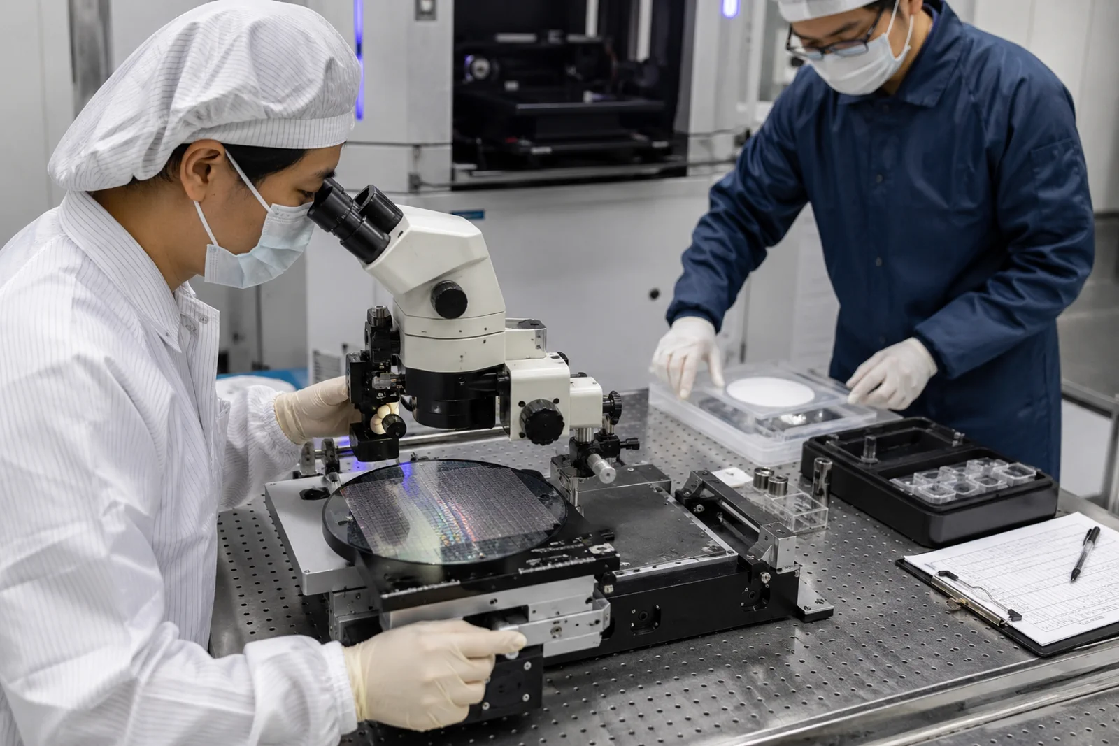 Engineers measuring a lithography qualification coupon and documenting process conditions at a laboratory metrology bench