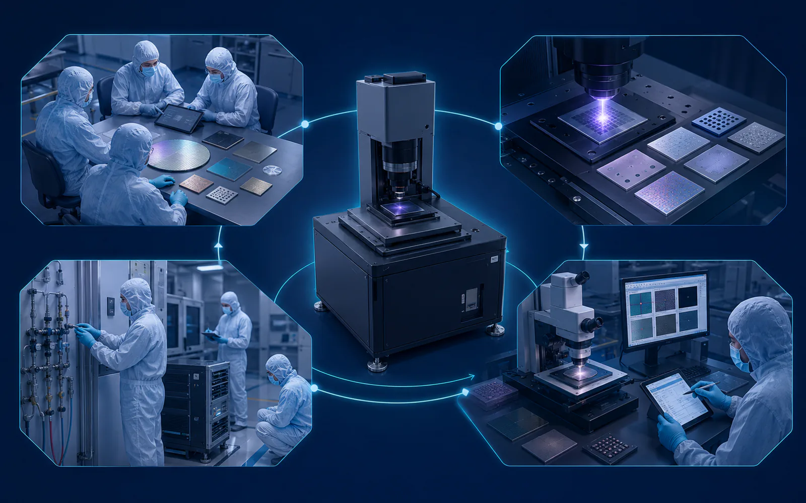 Conceptual workflow connecting university research demand, process coupons, facility interfaces and maskless lithography acceptance evidence