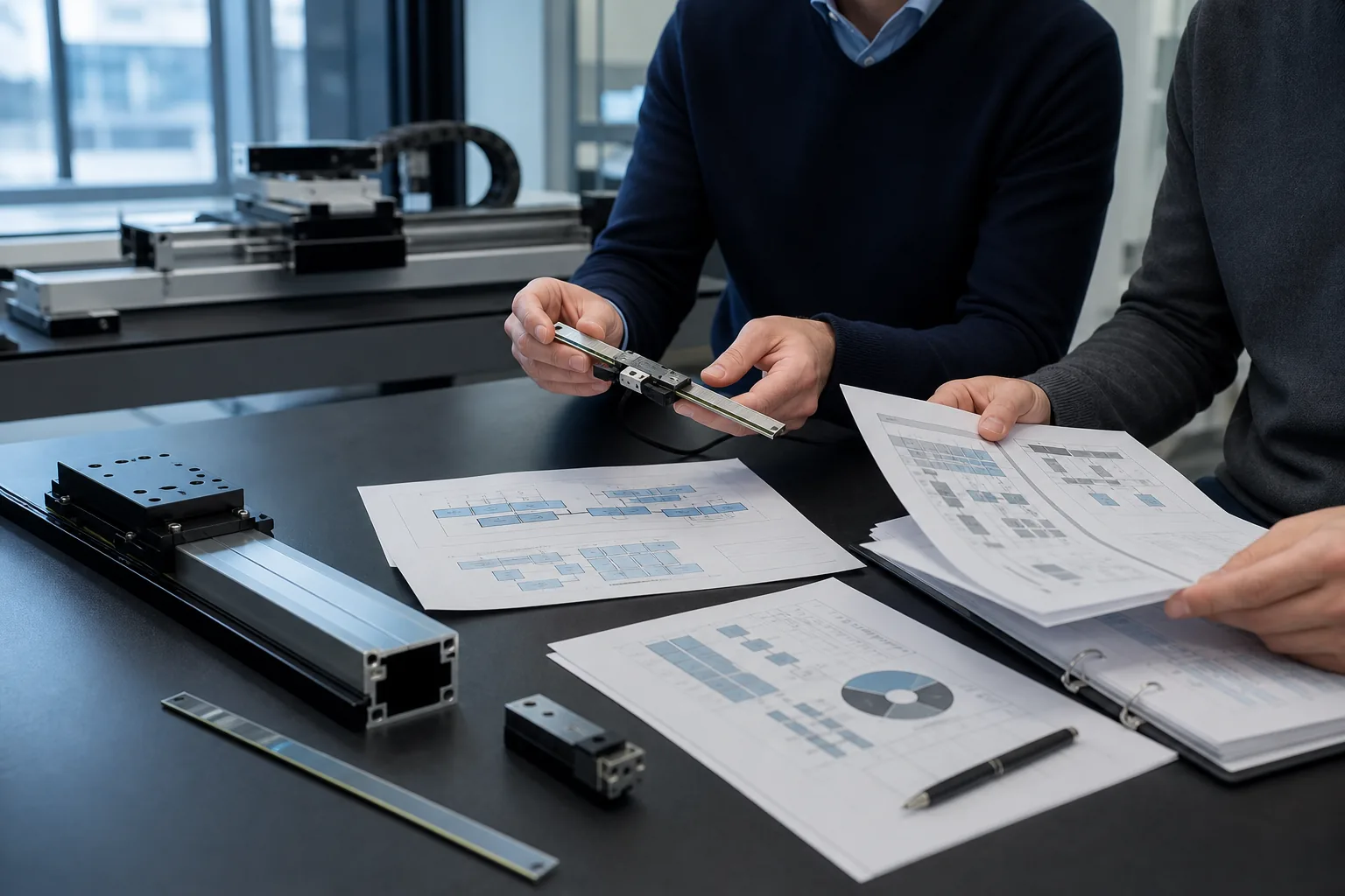 European OEM engineering team reviewing an optical encoder configuration and technical evidence package