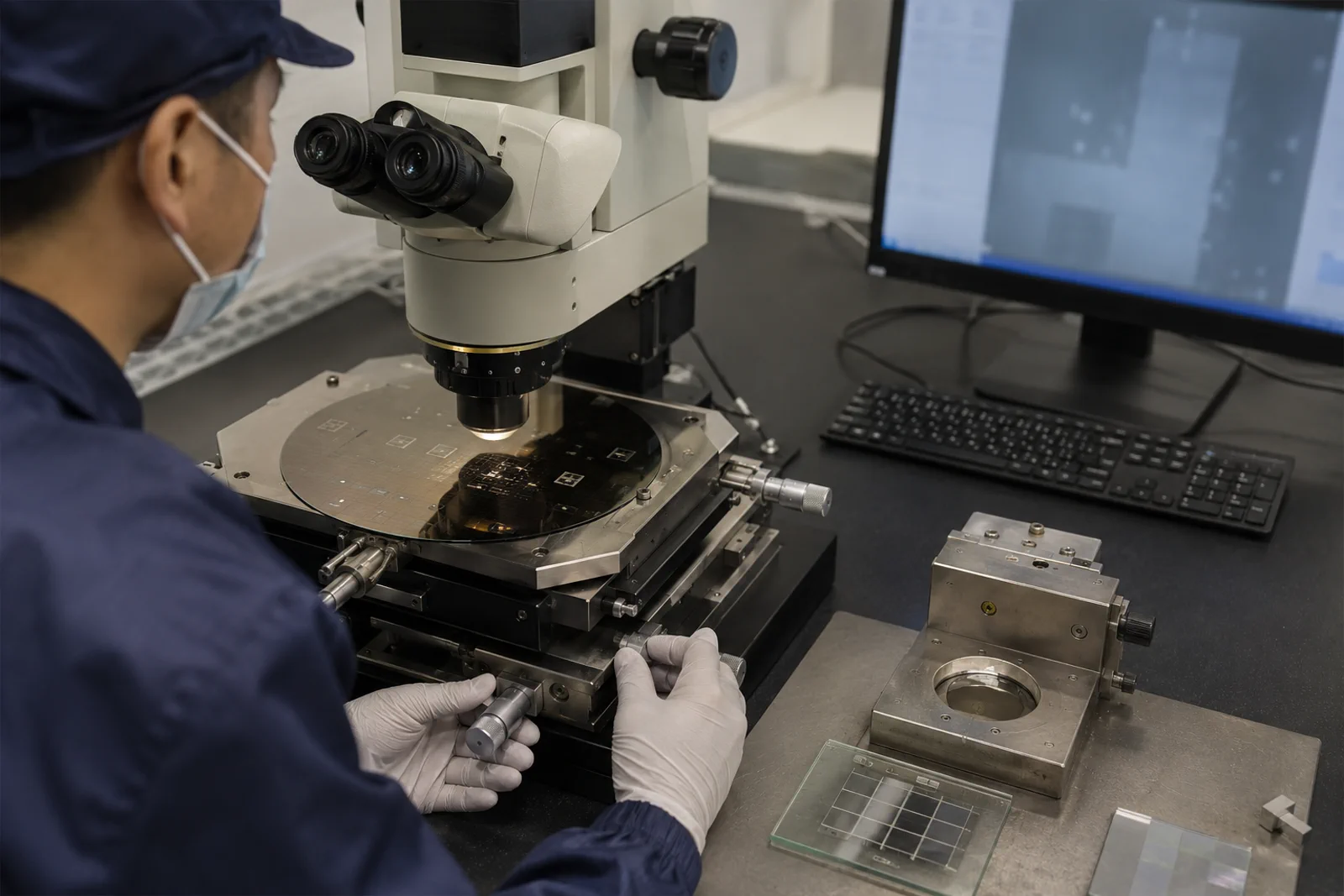 Microscope metrology bench measuring photonics alignment marks on a patterned wafer