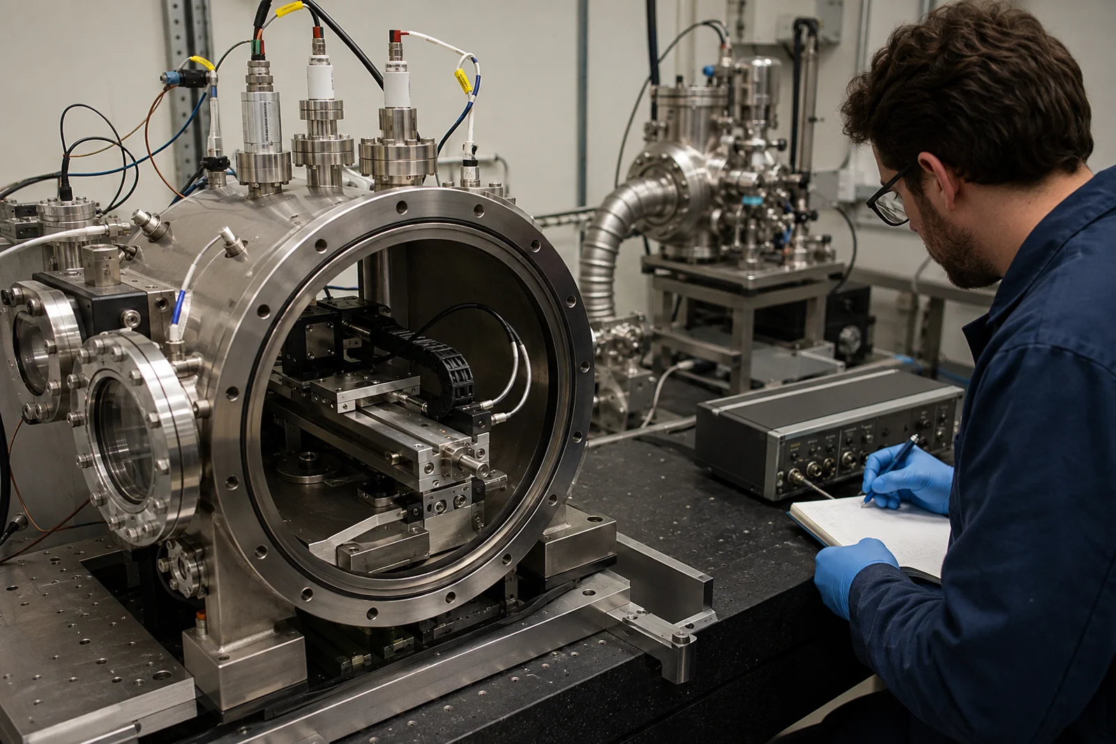 Vacuum chamber test bench with an optical encoder stage, residual gas analyzer and thermal monitoring